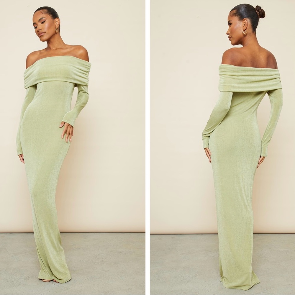SAGE GREEN ACETATE SLINKY BARDOT LONG SLEEVE MAXI DRESS - NWT